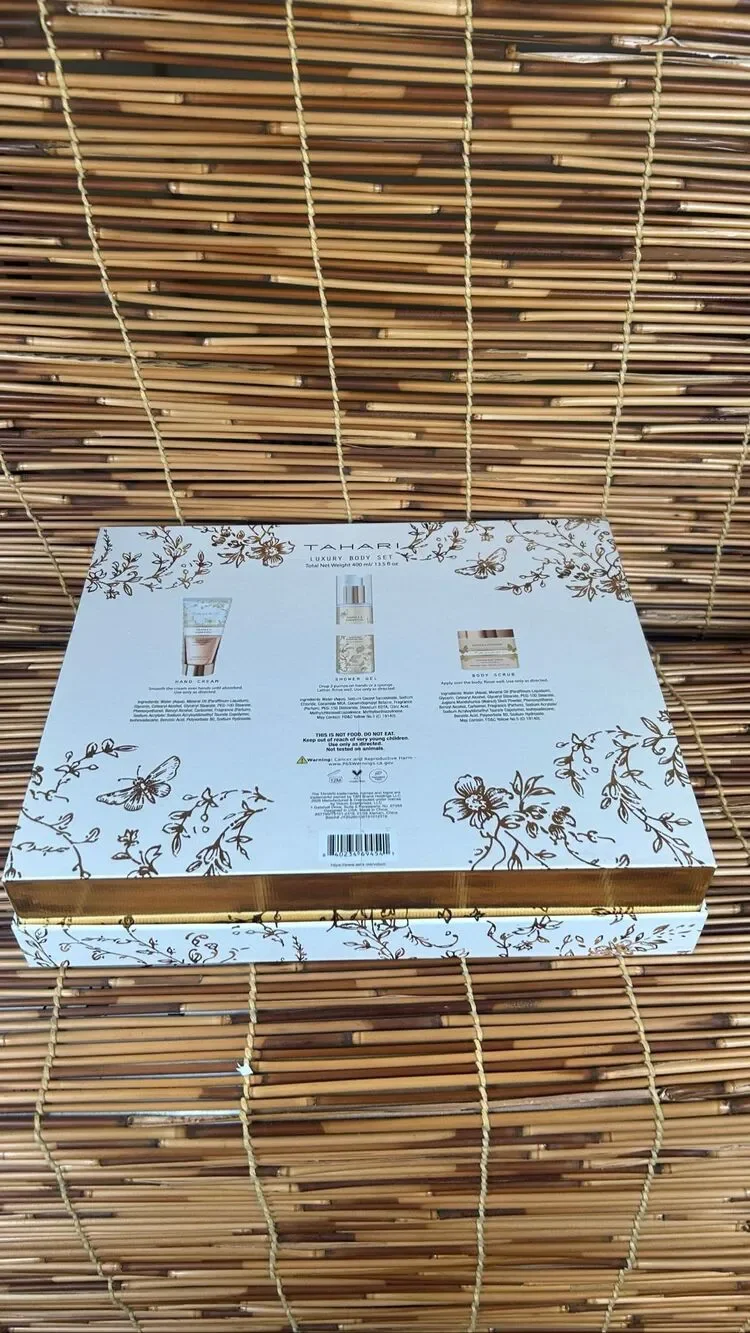 Tahari Vanilla Chiffon Hand Cream Shower Gel and Body Scrub Set New